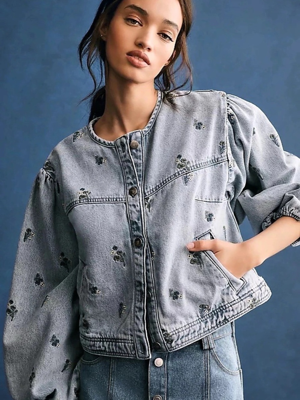 Pilcro Collarless Embroidered Denim Swing Jacket